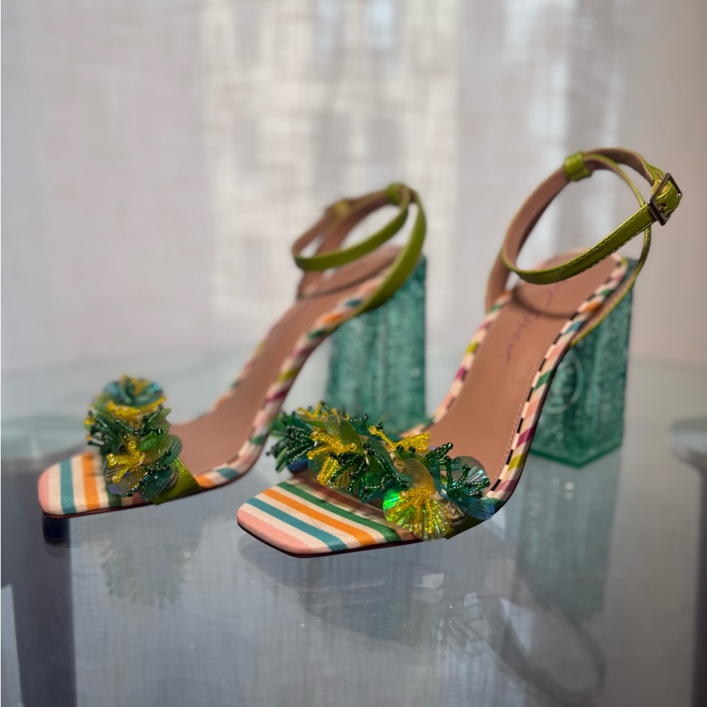 Betsey Johnson Multicolor Striped Heels with Floral Accents